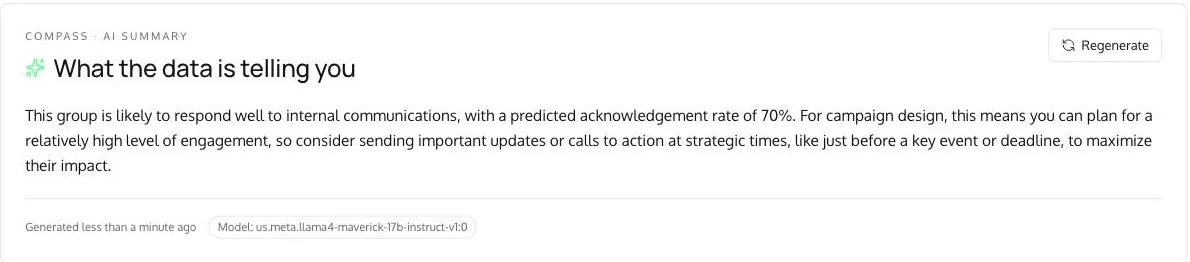 Compass AI summary in plain language, with the generating model disclosed