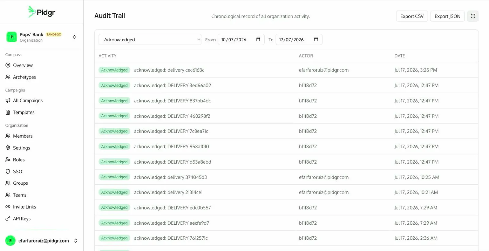 Audit trail filtered to acknowledgements, with actors and timestamps