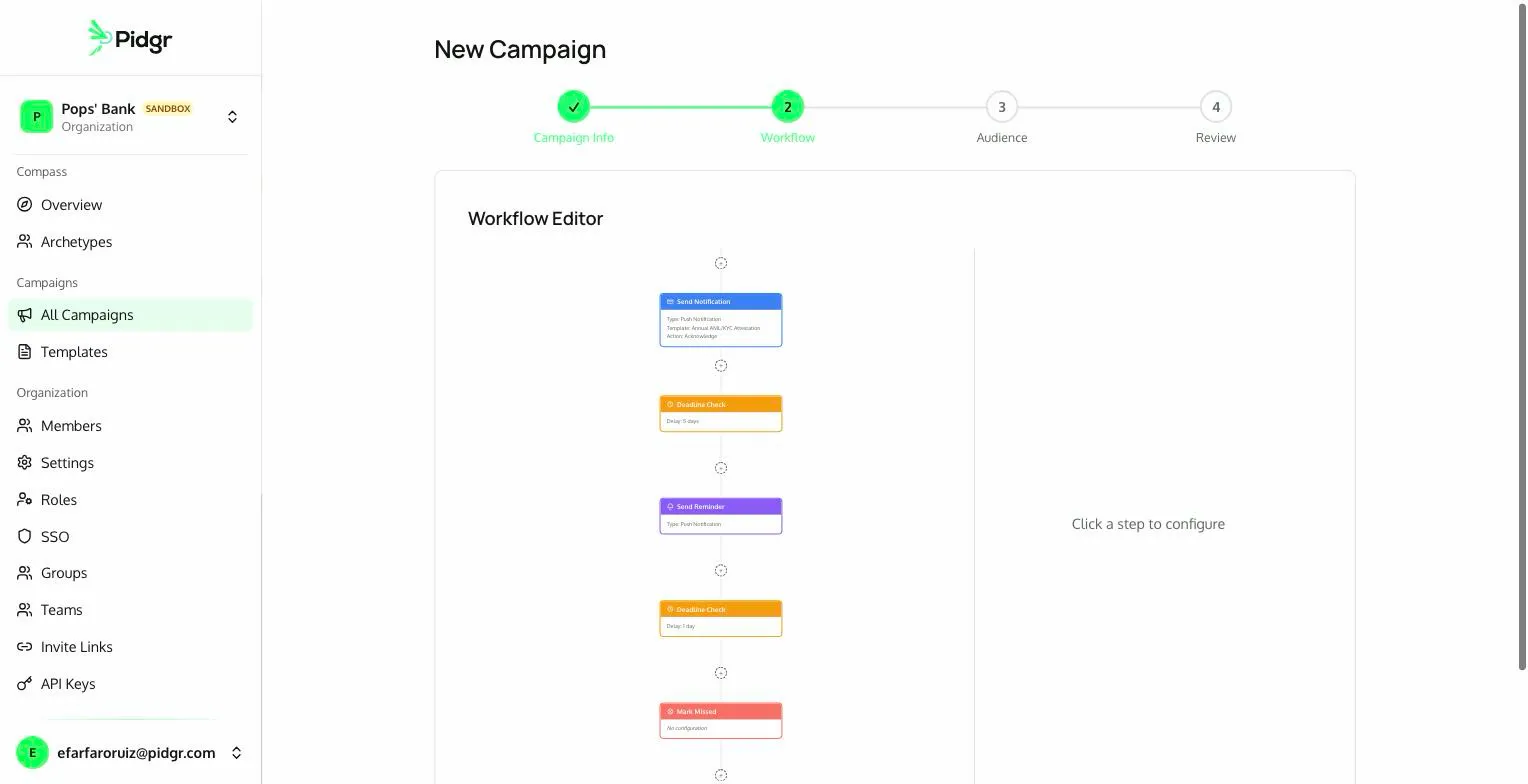 Pidgr campaign wizard with visual workflow editor